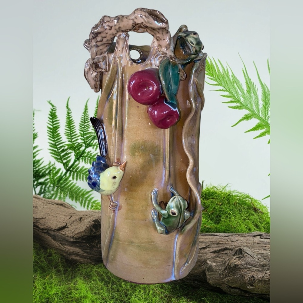 Shiwan Style Blue Glaze Majolica  Large Vase w Bird Motif 11”High